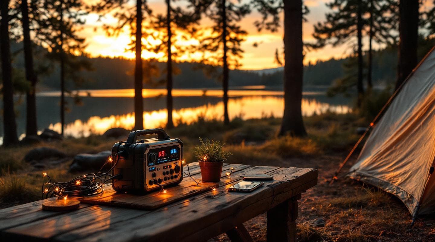 Campsite at golden hour with portable power station powering string lights