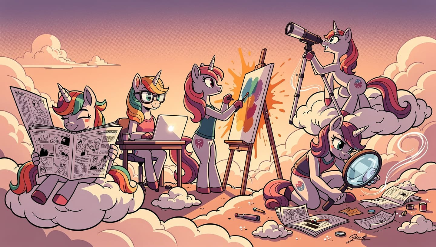 The Unicorn Herd — colorful unicorns working together on clouds, comic illustration style